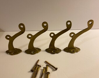 Vintage Brass Hooks, Brass Coat Hooks, Vintage Brass Hardware, Set of Four Vintage Brass Wall Hooks, Vintage Hardware