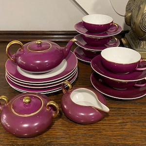 Vintage Tea Set, Antique Tea Set, Vintage Pink Tea Service, Magenta Tea Set, Antique Schwarzburg Tea Service, Antique German China