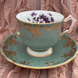 Aynsley 2917 Teacup and Saucer,  Aynsley Branch Handle, Sage Green 2917 Violets, Footed Hand Painted Fine Bone China