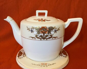 Antique Noritake 42200 Teapot with Trivet, Noritake Larkin Teapot, Circa 1918 Teapot, Orange and Blue China Teapot, Orange Noritake