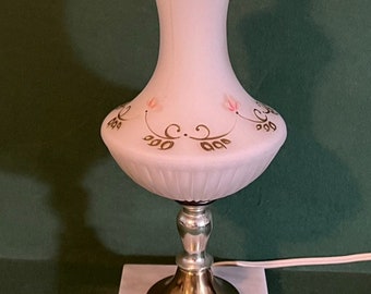 Vintage Frosted Glass Table Lamp, Frosted Glass Floral Lamp, Pink Hand Painted Table Lamp, Pink Bedroom Lamp, Feminine Table Lamp