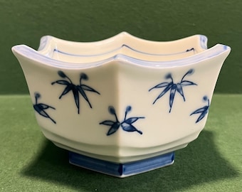 Six Japanese Bowls, Blue and White Bowls, Japanese Hexagon Bowls, Six Blue and White Japanese Bowls, Bamboo Pattern Bowls