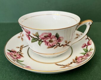 Narumi Cherry Blossom Cups and Saucers, Cherry Blossom Teacups, Narumi Blossomtime, Large Floral China Cups and Saucers, Five Sets