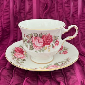 Queen Anne Pink Roses Teacup and Saucer, Queen Anne D179, Vintage Red Roses Cup and Saucer, Queen Anne Bone China Cup and Saucer