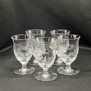 Set of Five Etched Glass Liquor Glasses, Vintage Pedestal Shot Glasses, Vintage Etched Stemware
