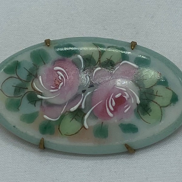 Broche Ancienne Bouquet De Fleurs Peint à La Main Sous Verre, Signée Carray - Occasion En Laiton, Pièce Vintage Unique Et Délicate.
