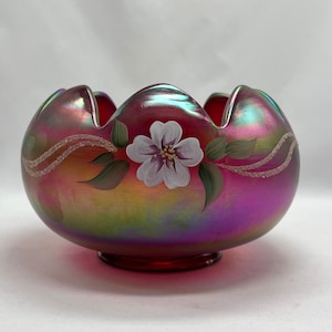 Vintage Fenton Bowl, Hand Painted Fenton, Iridescent Magenta Fenton Bowl, C Mackey Fenton, Fenton Art Glass, Fenton Candleholder