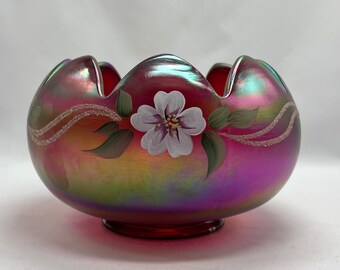 Vintage Fenton Bowl, Hand Painted Fenton, Iridescent Magenta Fenton Bowl, C Mackey Fenton, Fenton Art Glass, Fenton Candleholder