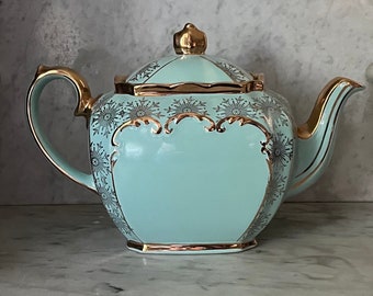 Vintage Sadler Cube Teapot 24kt, Sadler Teapot, Turquoise Sadler 2085 Teapot, Aqua Sadler Teapot, James Sadler Cube Teapot, Sadler Louis