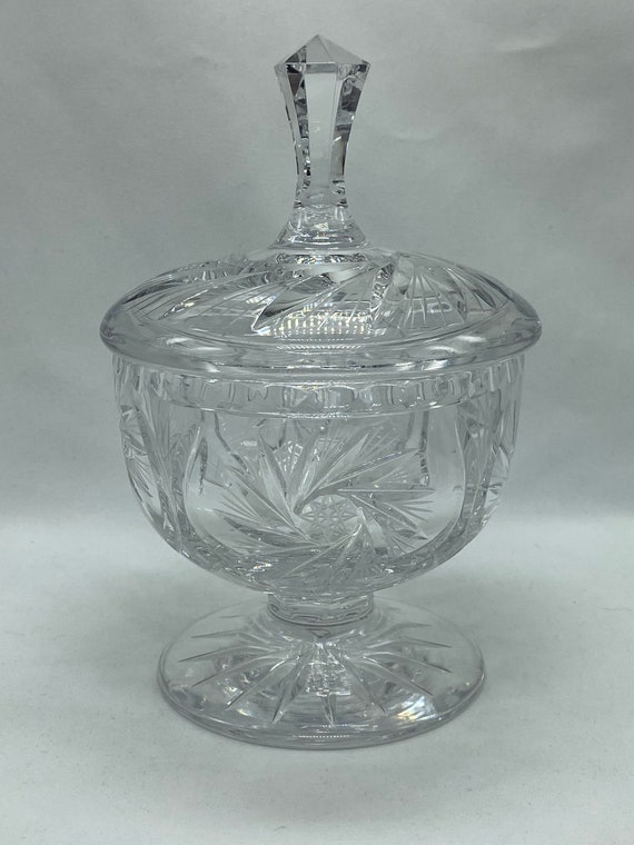Cut Glass Candy Dish with Lid, Hobstar Cut Glass Candy Dish, Vintage Pedestal Candy Dish, Vintage Footed Candy Dish, Vintage Hobstar Candy