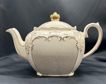 Sadler Ivory Cube Teapot 24kt, Sadler 2996 Teapot, Ivory and Gold Filigree Teapot, James Sadler Cube Teapot, Sadler Louis Ivory and Gold