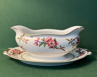 Narumi Cherry Blossom Gravy Boat, Narumi Gravy Boat with Attached Plate, Cherry Blossom Serving Piece, Blossomtime Gravy Boat