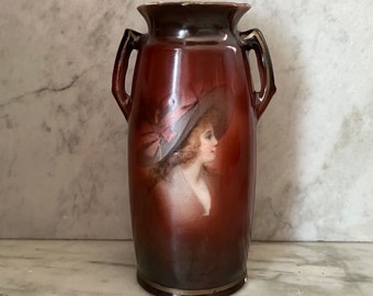 Antique Czechoslovakian Vase, Victorian Urn Shaped Vase, Hand Painted Victorian Vase, Double Handled Victorian Vase