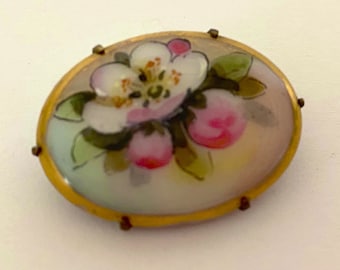 Victorian Hand Painted Brooch,  Cherry Blossom Brooch, Victorian Jewelry, Floral Collar Pin, Vintage Floral Jewelry