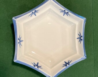 Six Small Japanese Plates, Blue and White Plates, Japanese Hexagon Plates, Six Blue and White Japanese Plates, Bamboo Pattern Plates