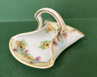 Antique Calling Card Plate, Vintage Porcelain Handled Basket, Vintage Ceramic Dish, Porcelain Floral Dish, Porcelain Calling Card Dish