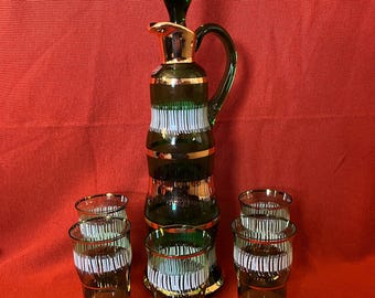 Vintage Bohemia Crystal Decanter and Glasses, Green Decanter with Five Glasses, Czechoslovakian Glass Decanter and Glasses, Green and Gold