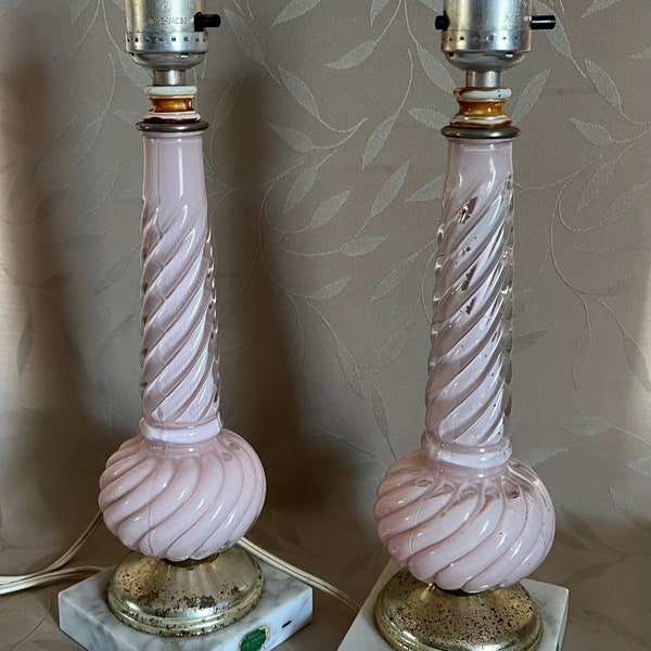 Pair Mid Century Table Lamps, Pink Table Lamps, Pink Reverse Pained Glass Lamps, Small Pink Lamps, Pink Bedroom Lamps,