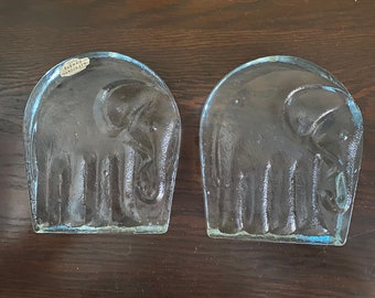 Blenko Bookends, Vintage Joel Myers for Blenko Glass Bookends, Vintage Blenko Glass Elephant Bookends, Joel Myers Glass Elephant Bookends