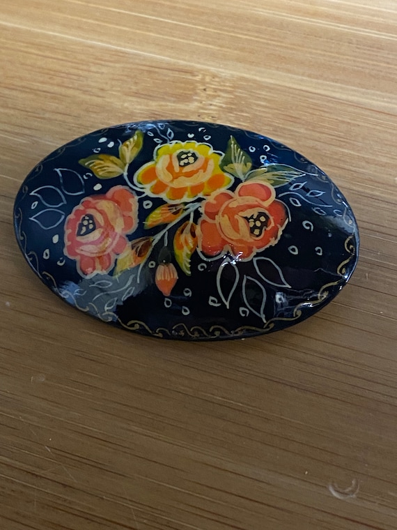 Hand painted Russian Floral Lacquer Brooch