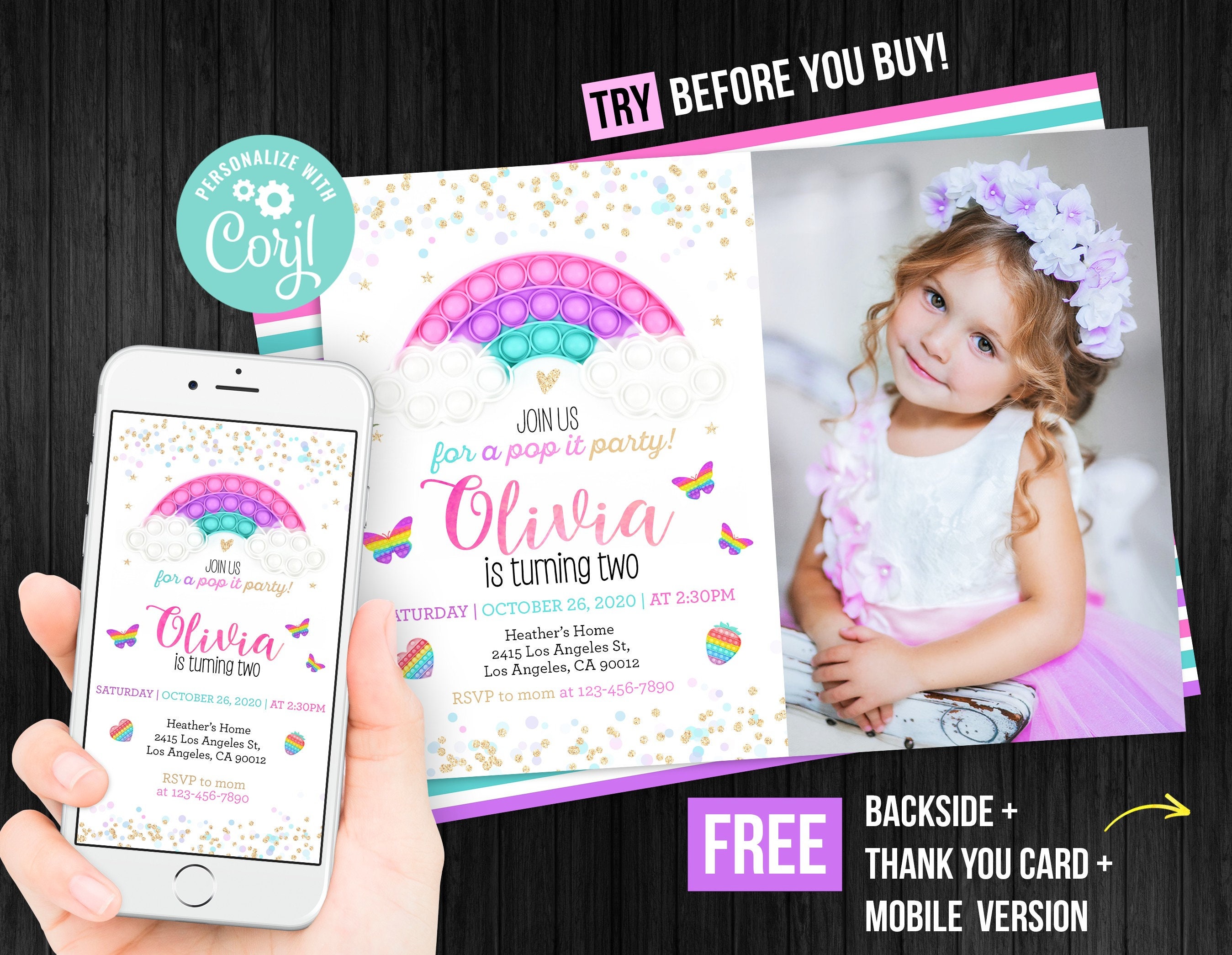 pop-it-birthday-invitation-girl-with-photo-picture-instant-etsy