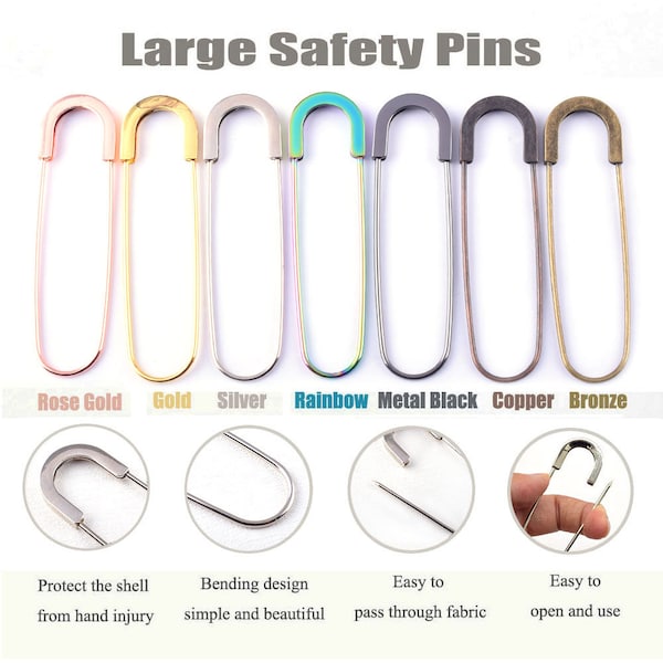 Large Safety Pins Sewing Pins - 7 Color 80mm Metal pins Giant Jumbo Safety Pins for for Clothing Apparel Accessories DIY Sewing 10pcs