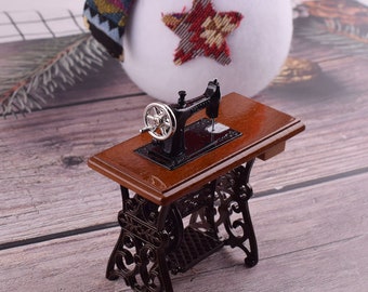 Handmade Miniature Vintage Sewing Machine furniture 1: 12 proportion miniature artisan Photography props for collectible dollhouse decor