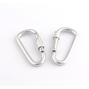 May include: Two silver metal carabiners with a spring-loaded gate. The carabiners are a common tool for outdoor activities like hiking and camping.