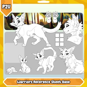 Puede incluir: Una hoja de referencia en blanco y negro con varias poses y expresiones de gatos. La hoja incluye poses de cuerpo completo, primeros planos y huellas de patas. El texto "Warriors Reference Sheet Base" está en la parte inferior.