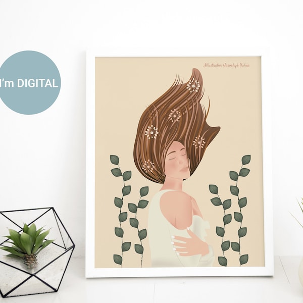 Girl in Harmony|Girl with Flower|Clear Soul|Home Decor| Illustration Art|Instant Download|Digital Download|Illustrations with Meaning