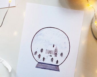 Postcard Snow Globe Christmas illustrated