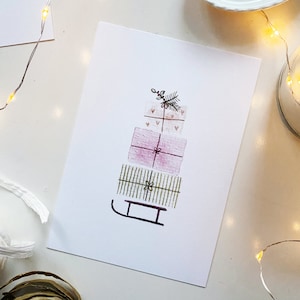 Postkarte Schlitten Geschenke illustriert