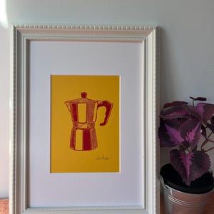 Kaffeekanne Kunst, Original Linoldruck A5