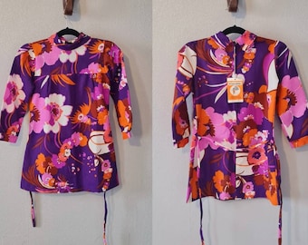 Années 1970 Deadstock Mini-Chic Age 10 Purple Floral Tunic Top