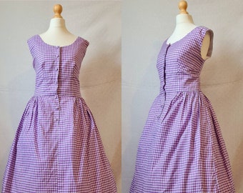 1950s Handmade Purple & White Gingham Dress