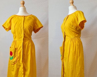 Mid-1960s Swirl Mustard Yellow Housedress with Tulip Applique