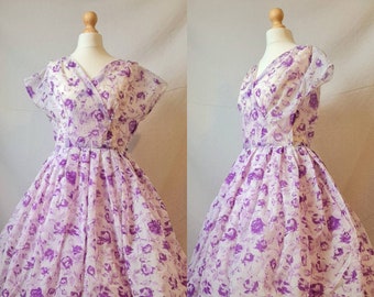 1950s Sheer Nylon Purple Rose Print Fit & Flare Dress