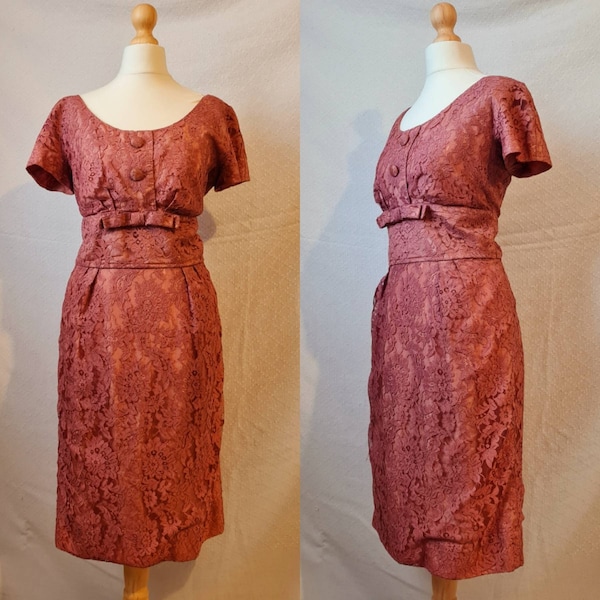 1950s Handmade Salmon Pink Lace Wiggle Dress