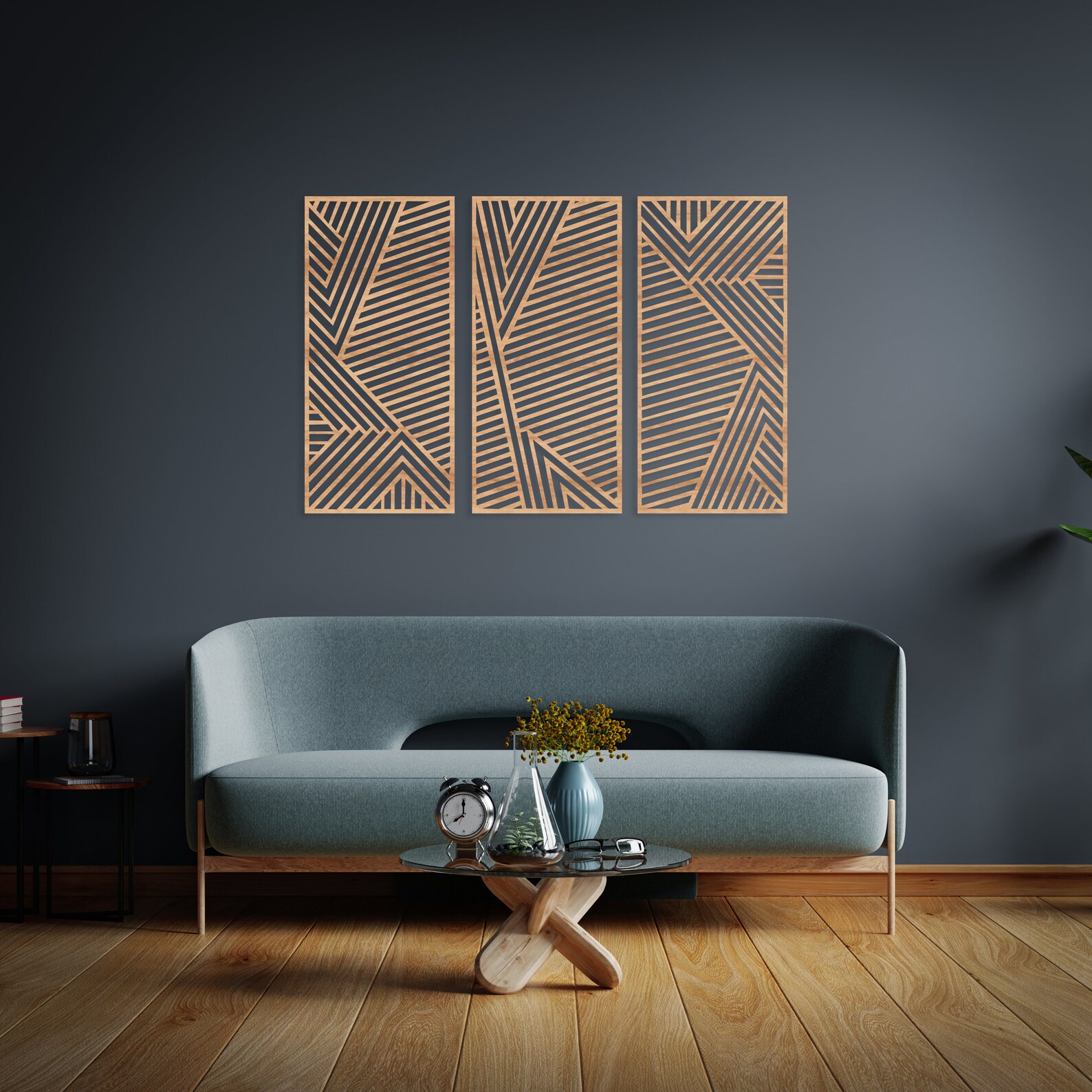 Large Geometric Wood Wall Art Set of 3 Abstract Wall Panel Etsy