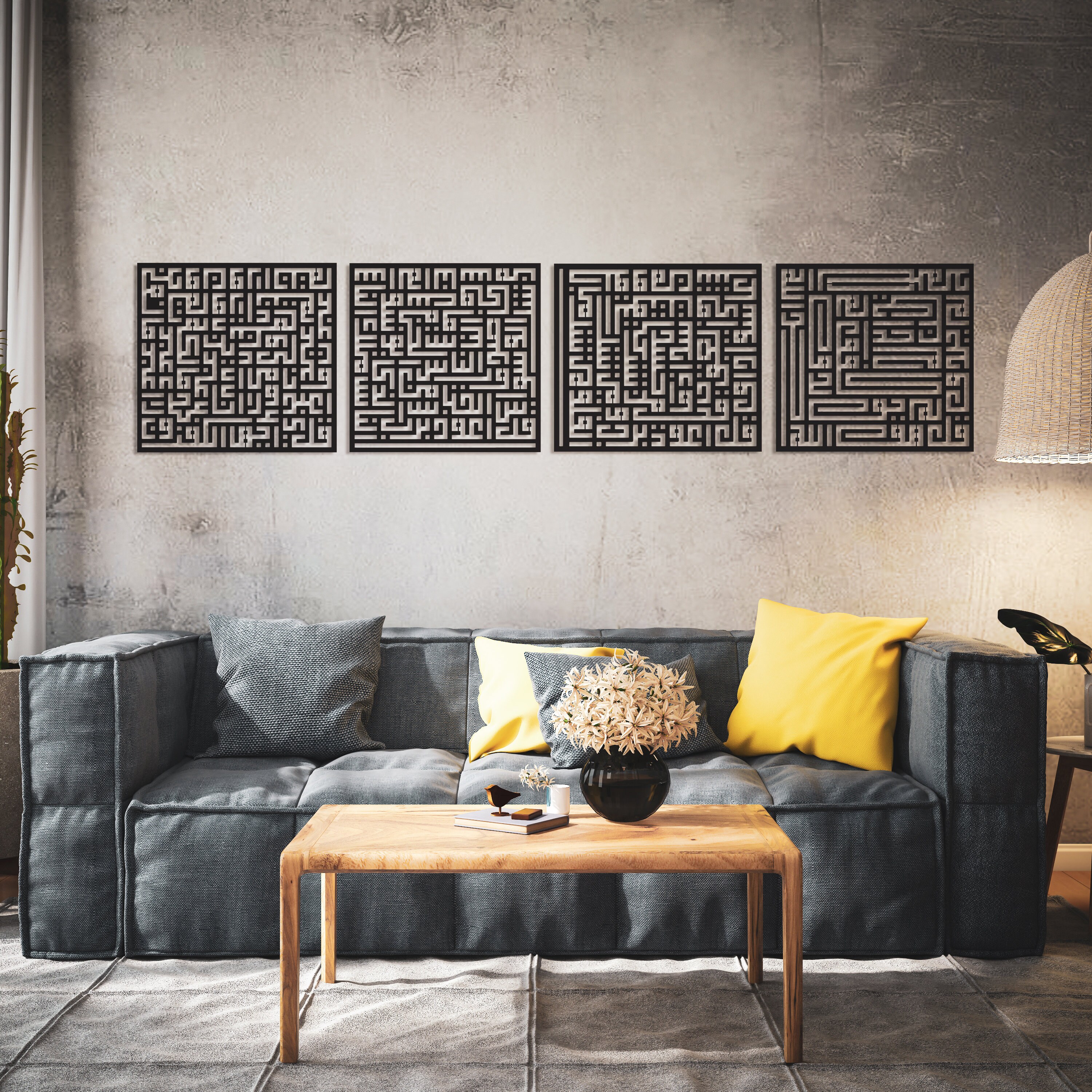 4 Quls and 99 Names Kufic Set Islamic Wall Art, Islamic Home Decor