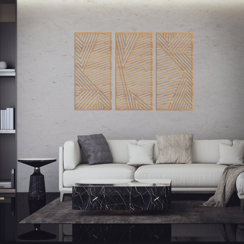 Large Geometric Wood Wall Art Set of 3 Abstract Wall Panel Etsy