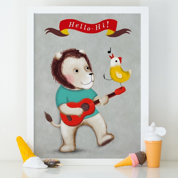 Affiche lion enfant • Lion poule et guitare • affiche chambre enfant • décoration murale lion • affiche animaux • lion • affiche musique