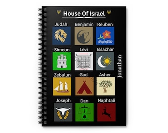 May include: A black spiral notebook with a white design featuring the 12 tribes of Israel. Each tribe is represented by a symbol and name. The notebook has the words "House of Israel" at the top.