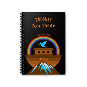May include: A black spiral notebook with the text "PROMISE Not Pride" and "Genesis 9:13". The cover features a rainbow, a dove with an olive branch, a brown ark with the name "Vivian" on it, and brown mountains with blue snow.