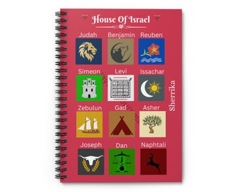 May include: A red spiral notebook with a white border and the text "House of Israel" in white. The notebook is divided into 12 squares, each with a different symbol and the name of one of the 12 tribes of Israel. The symbols include a lion, a wolf, a flower, a tower, a menorah, a crescent moon, a ship, a tent, a tree, a bull, a scale, and a deer.