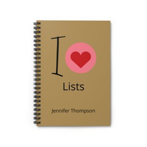 May include: A brown spiral notebook with the text "I love Lists" and a red heart in a pink circle. The name "Jennifer Thompson" is printed below the text.