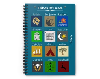May include: A blue spiral notebook with the title "Tribes of Israel" and a grid of 12 squares. Each square contains a symbol representing one of the 12 tribes of Israel. The symbols include a lion, a wolf, a flower, a castle, a menorah, a crescent moon, a ship, a tent, a tree, a bull, a scale, and a deer.