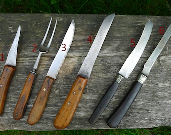 Choice of 6 Antique Kitchen Knives & Meat Fork, start to mid 1900s, rusting steel and stainless steel, fruit and bread knives, sharpened