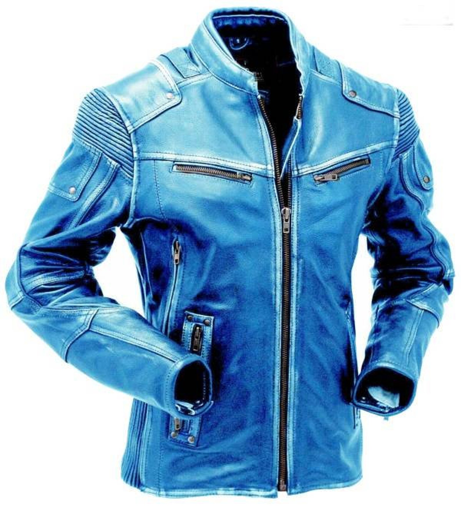 Blue Biker Leather Jacket, Rider Racing Jackets, Leather Jacket Racing