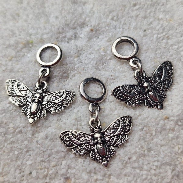 MIDNIGHT MOTH - metal dread jewelry / dread bead / braid bead with small moth pendant, 3 pieces in a set